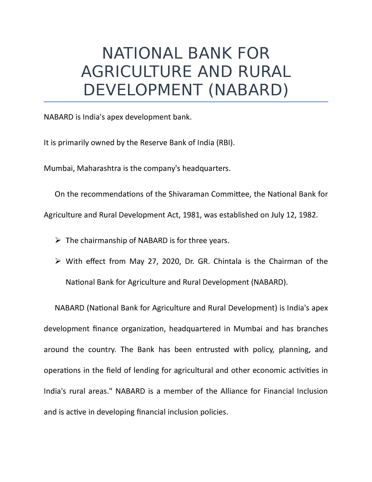 National BANK FOR Agriculture AND Rural Development ( Nabard ...