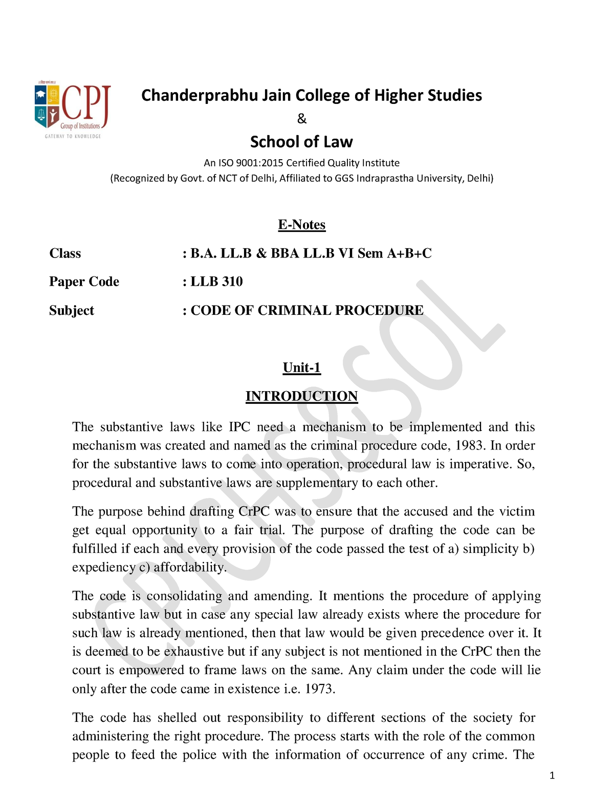 Unit-1 CRPC E-Notes - /..... - & School Of Law An ISO 9001:2015 ...