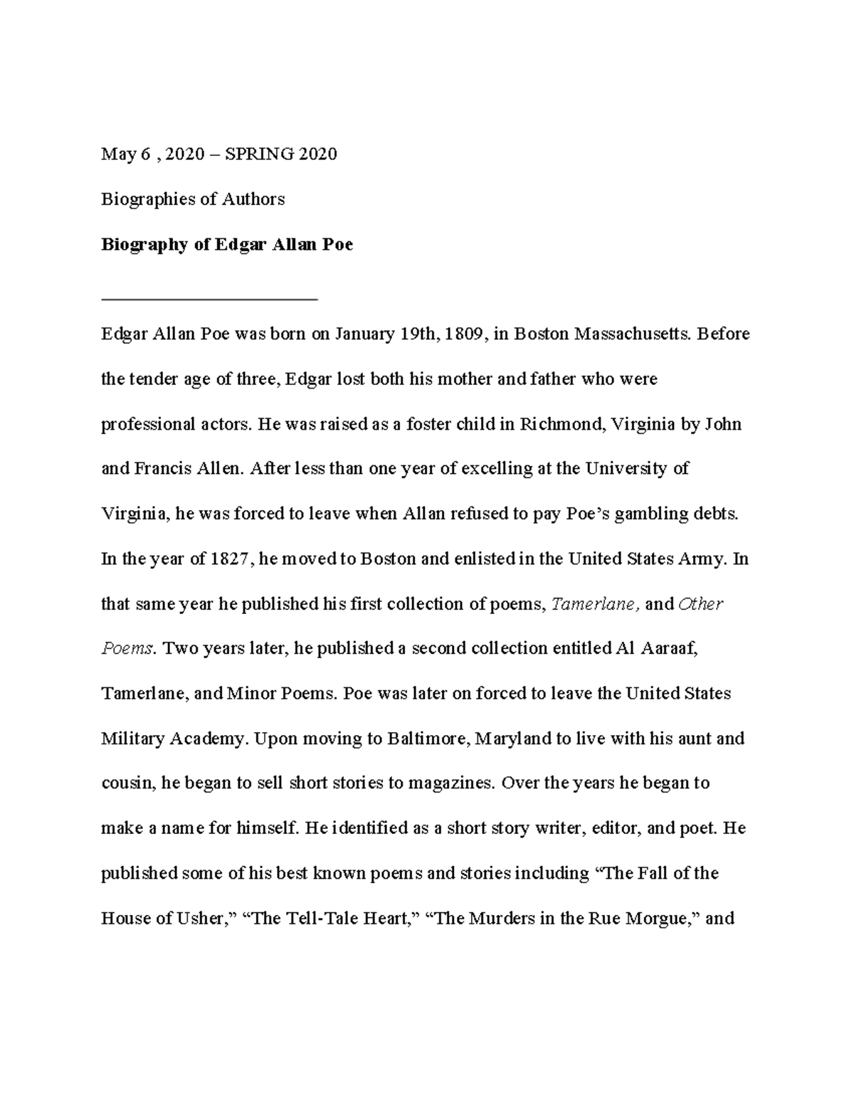 Biography Of Edgar Allan Poe May 6 2020 SPRING 2020 Biographies
