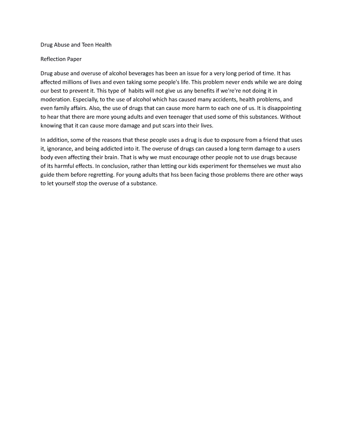 drug abuse reflection essay