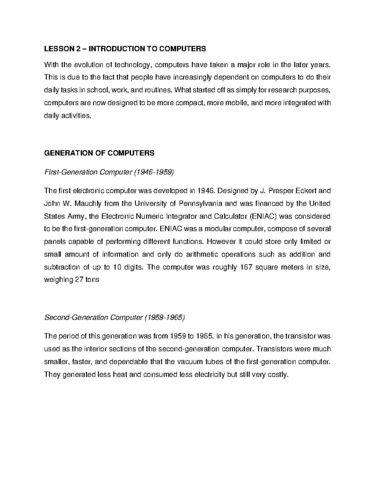 Introduction to Computers - LESSON 2 – INTRODUCTION TO COMPUTERS With ...