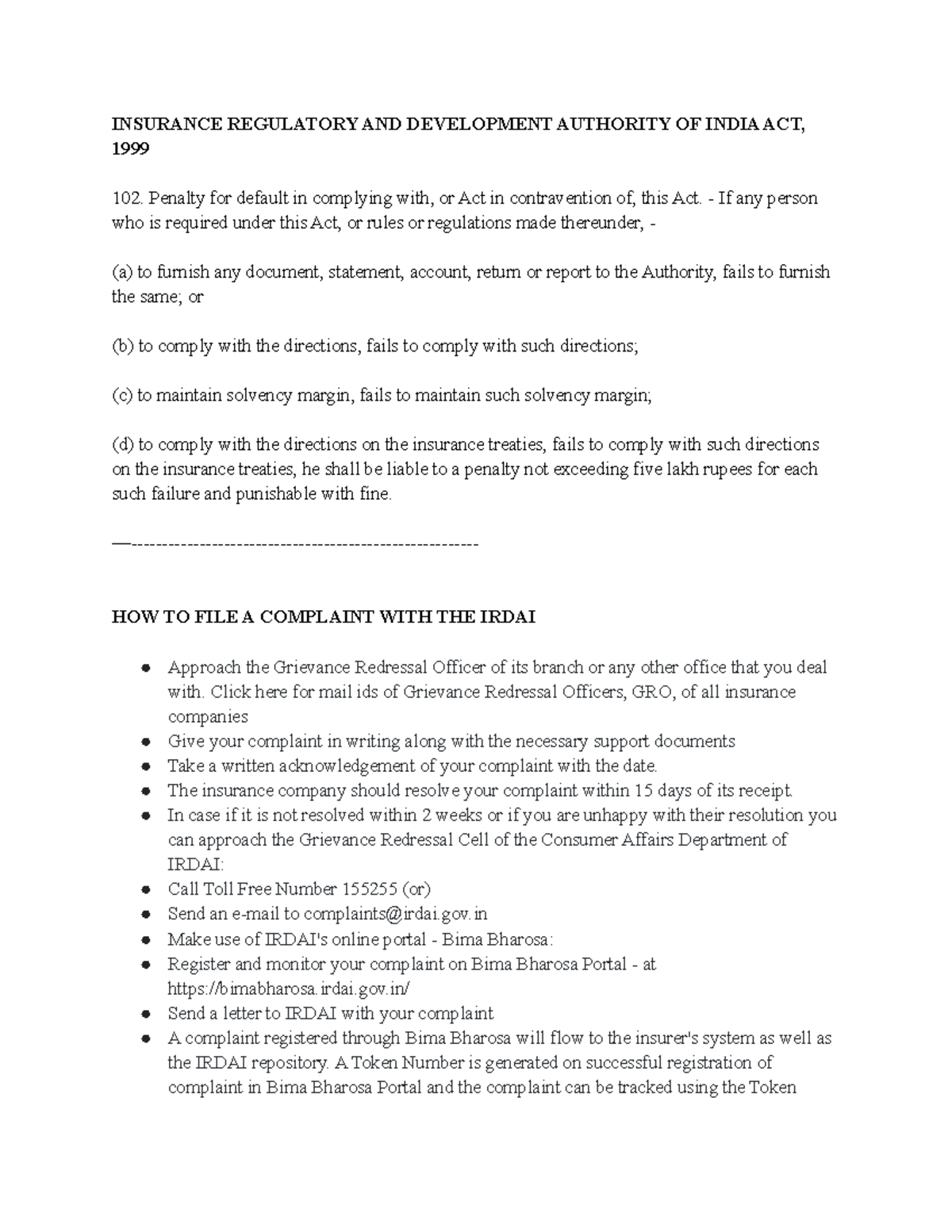Filing A Complaint WITH THE IRDAI INSURANCE REGULATORY AND