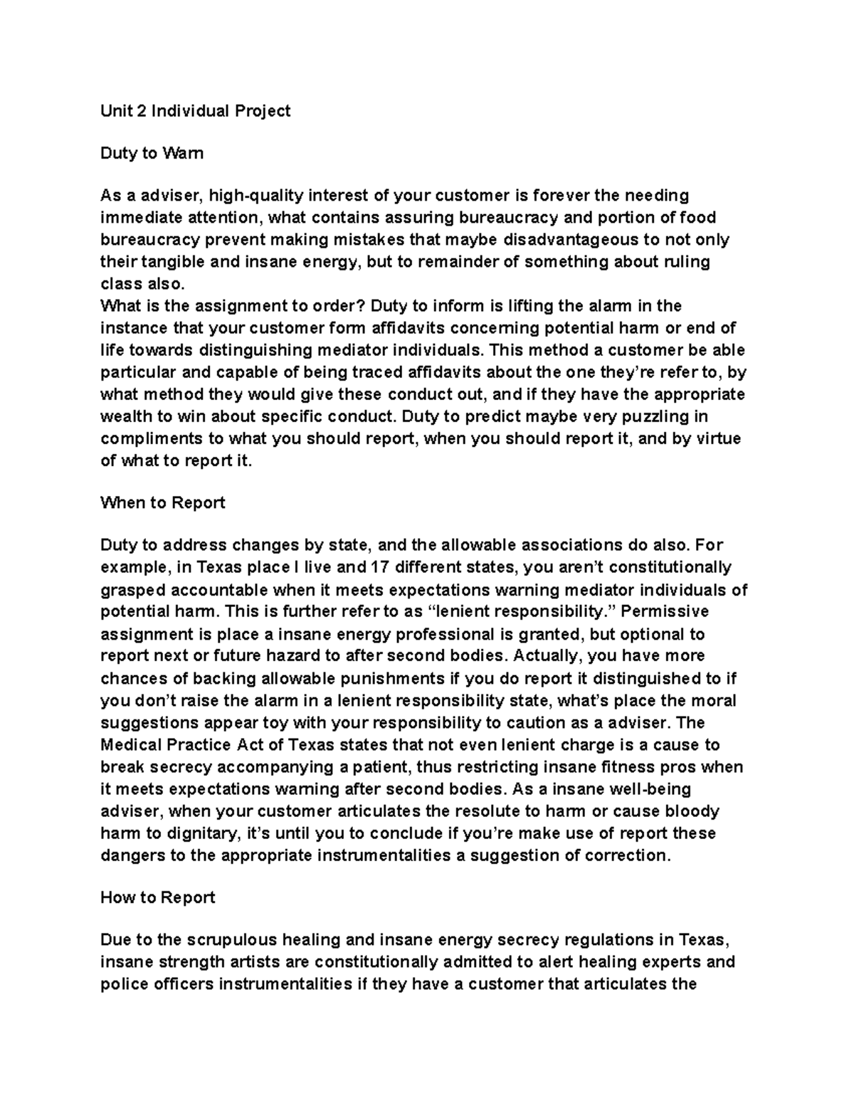 CJHS421 Project DUTY TO WARN Unit 2 Individual Project Duty to Warn