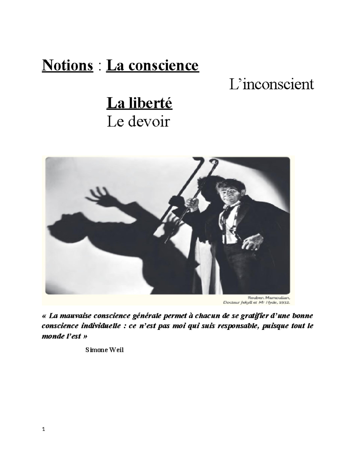 Conscience dans l'etre - Notions : La conscience L’inconscient La ...