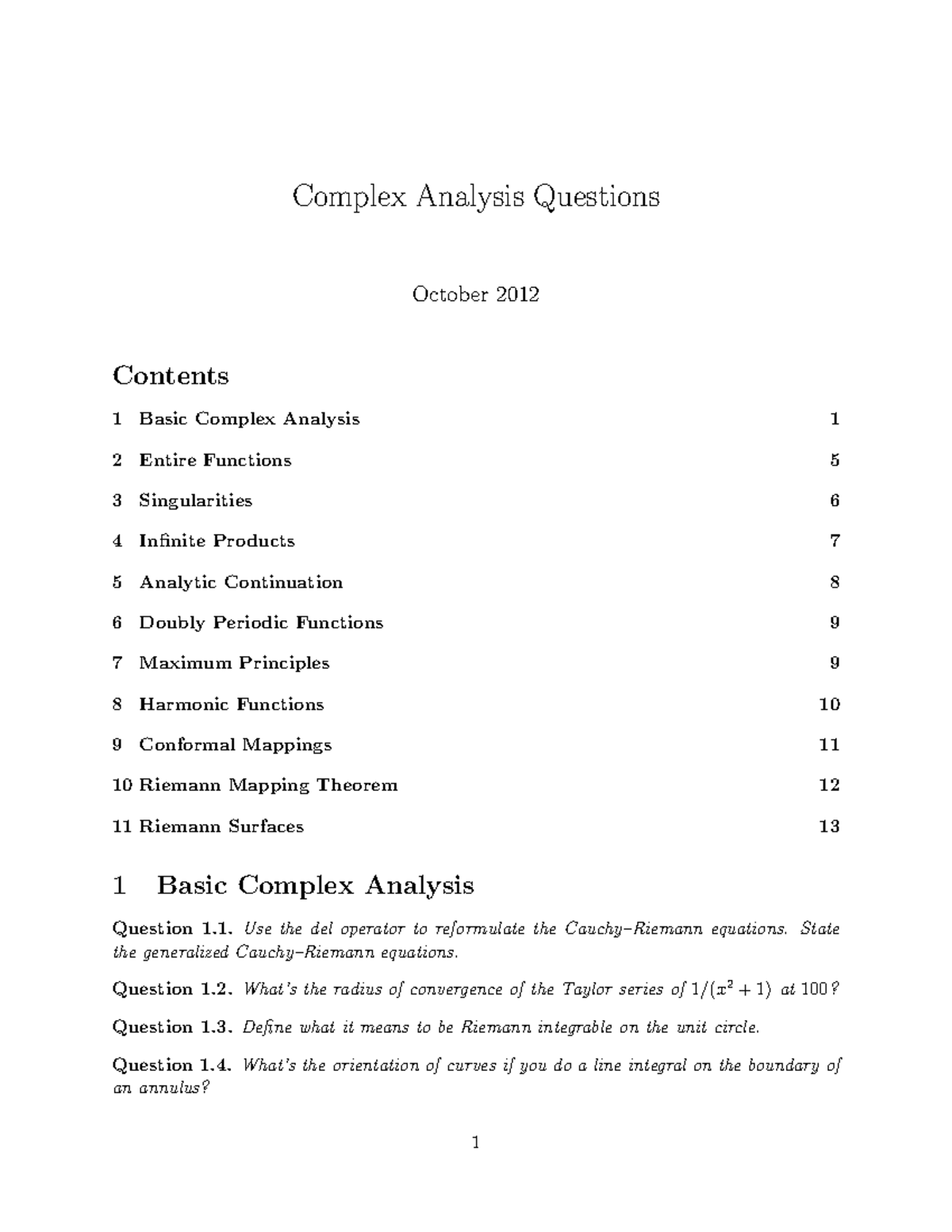 Comple Analysis 2012 - Complex Analysis Questions October 2012 Contents ...