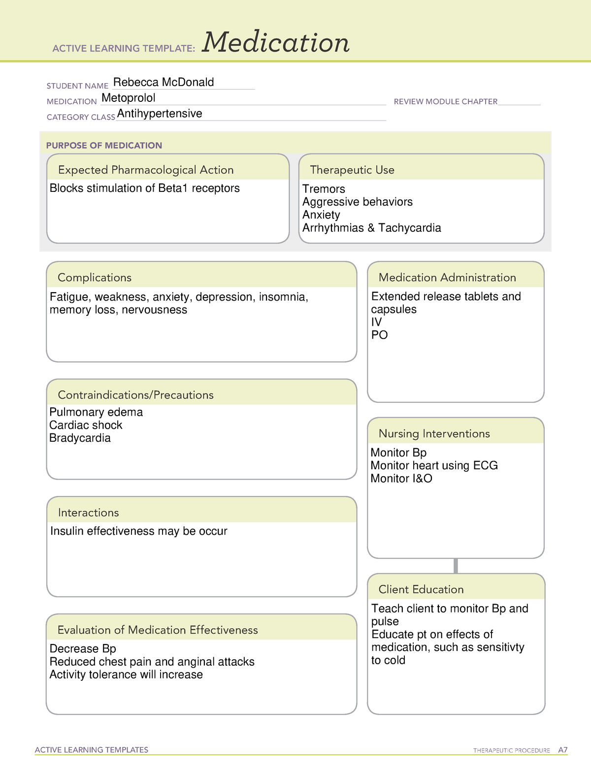 Metoprolol Med Card ACTIVE LEARNING TEMPLATES THERAPEUTIC PROCEDURE A