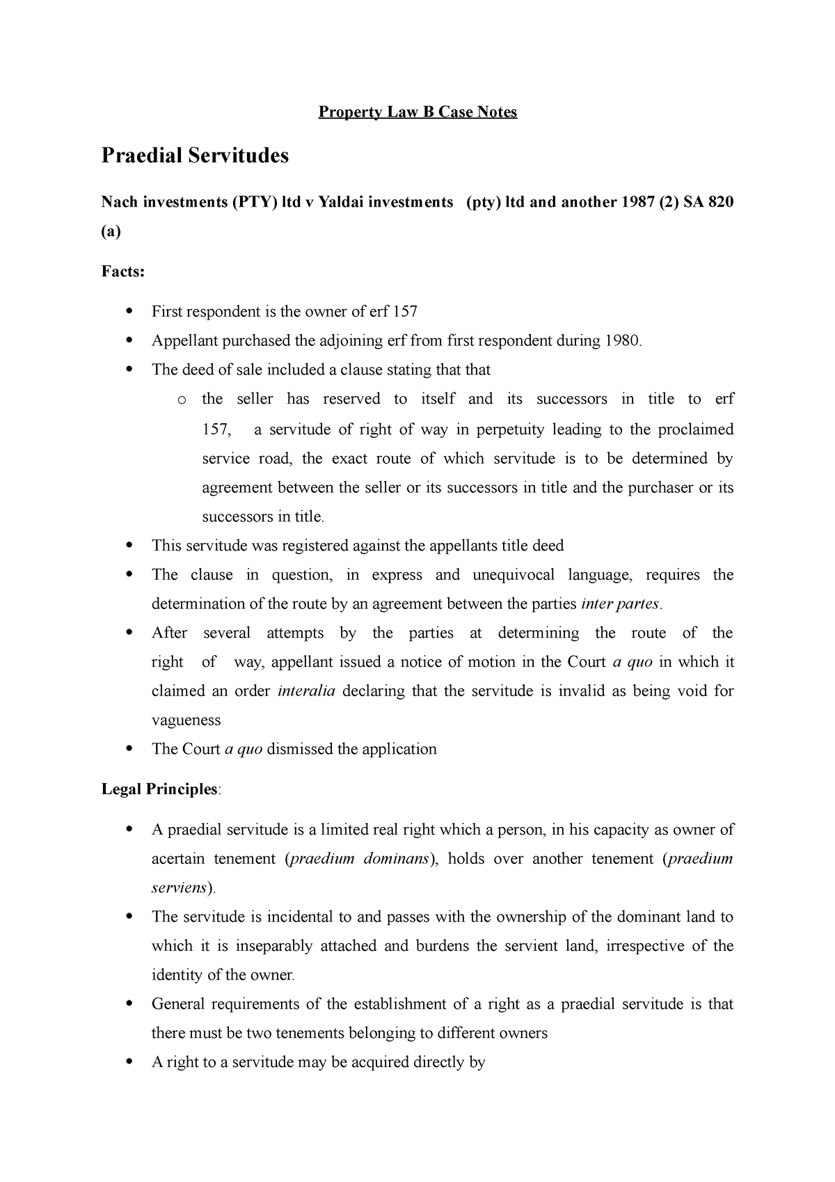 Property Law B Case Notes - Property Law B Case Notes Praedial ...
