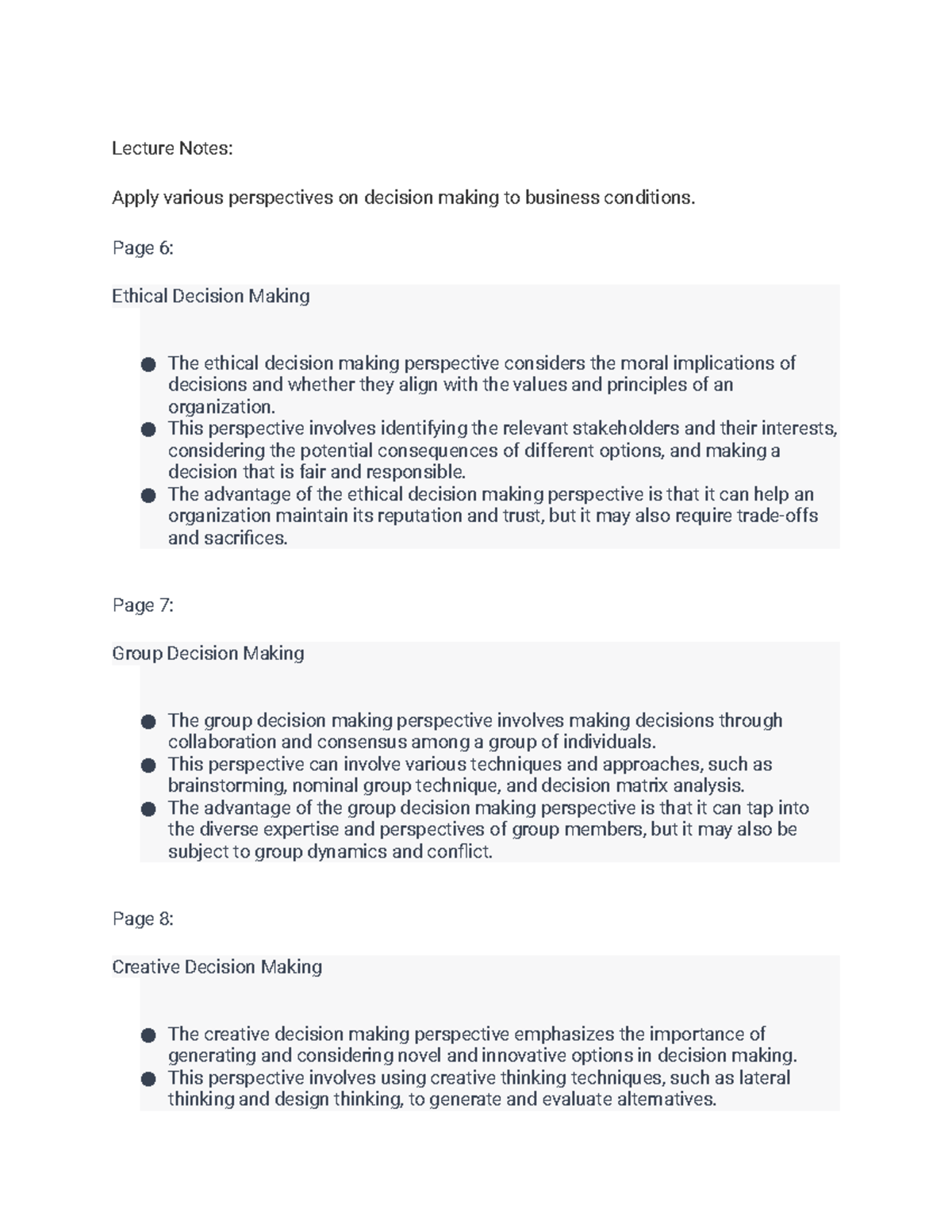 BUS 217 (4 pt 2 Schoolcraft Apply various perspectives on decision