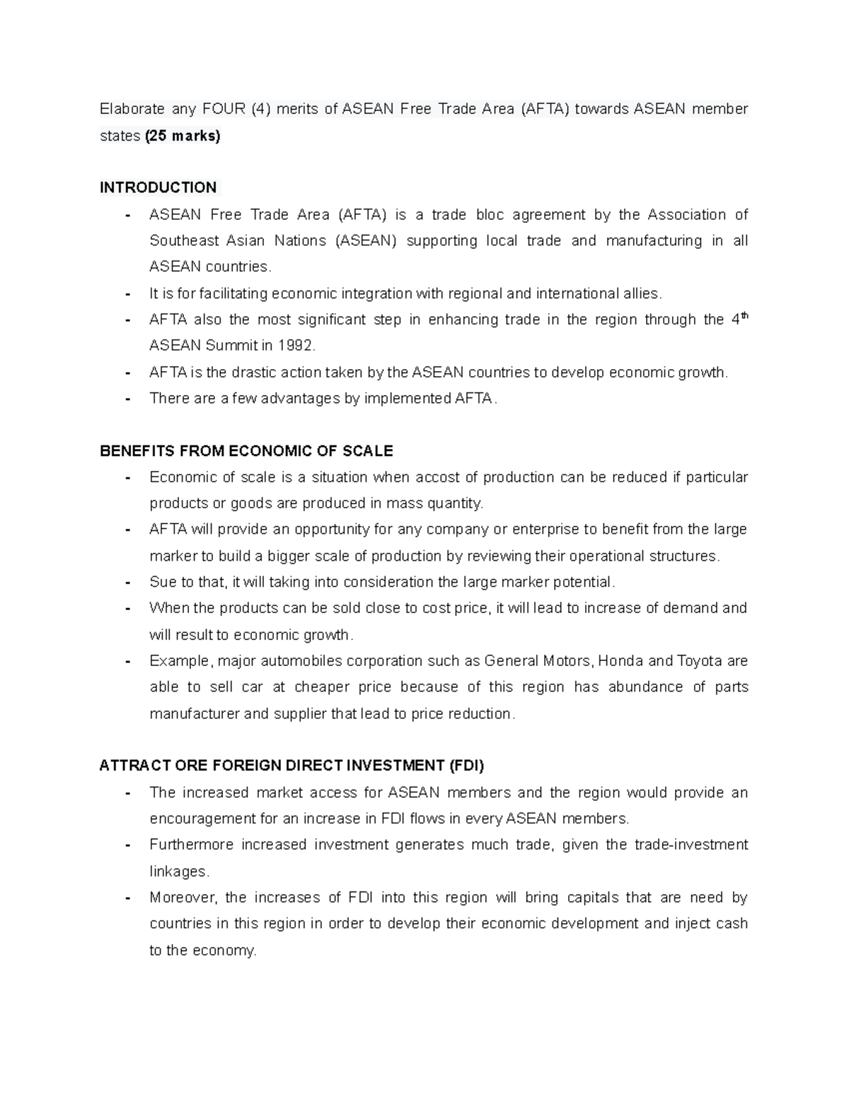 Tutorial WEEK 9 - Elaborate any FOUR (4) merits of ASEAN Free Trade ...