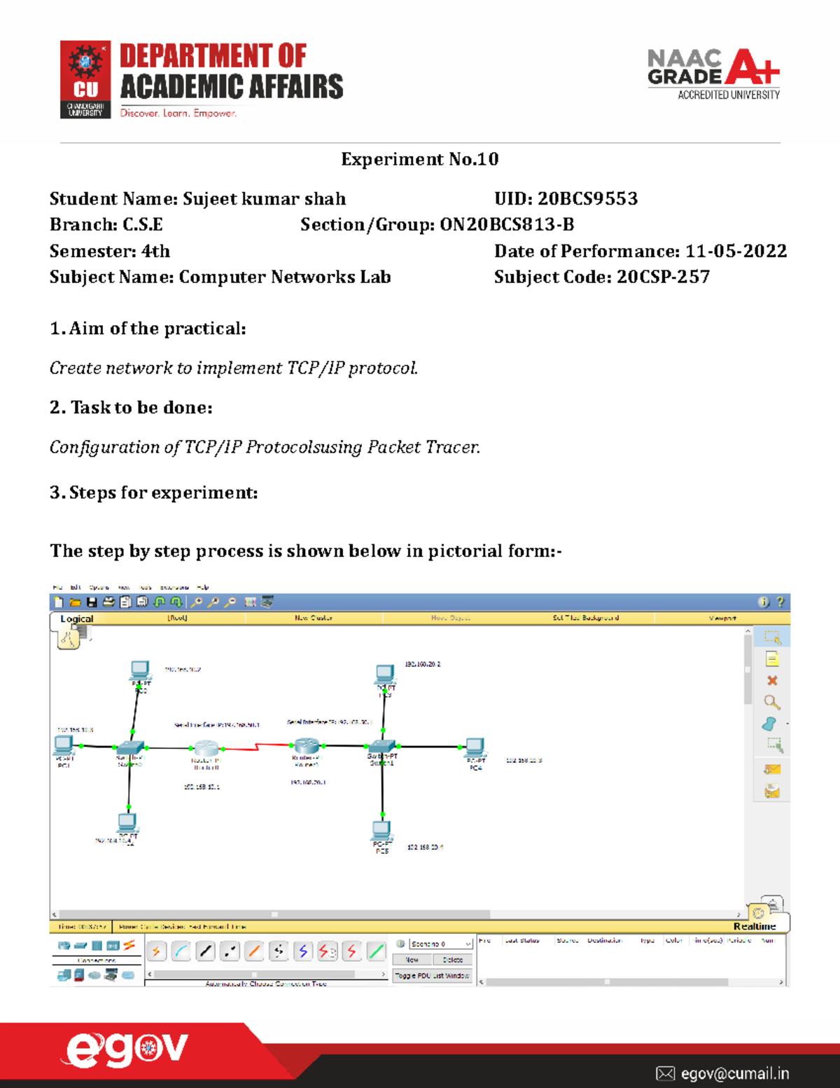 Worksheet 3.3 Computer Networks Lab 20BCS9529 - Experiment No. Student ...