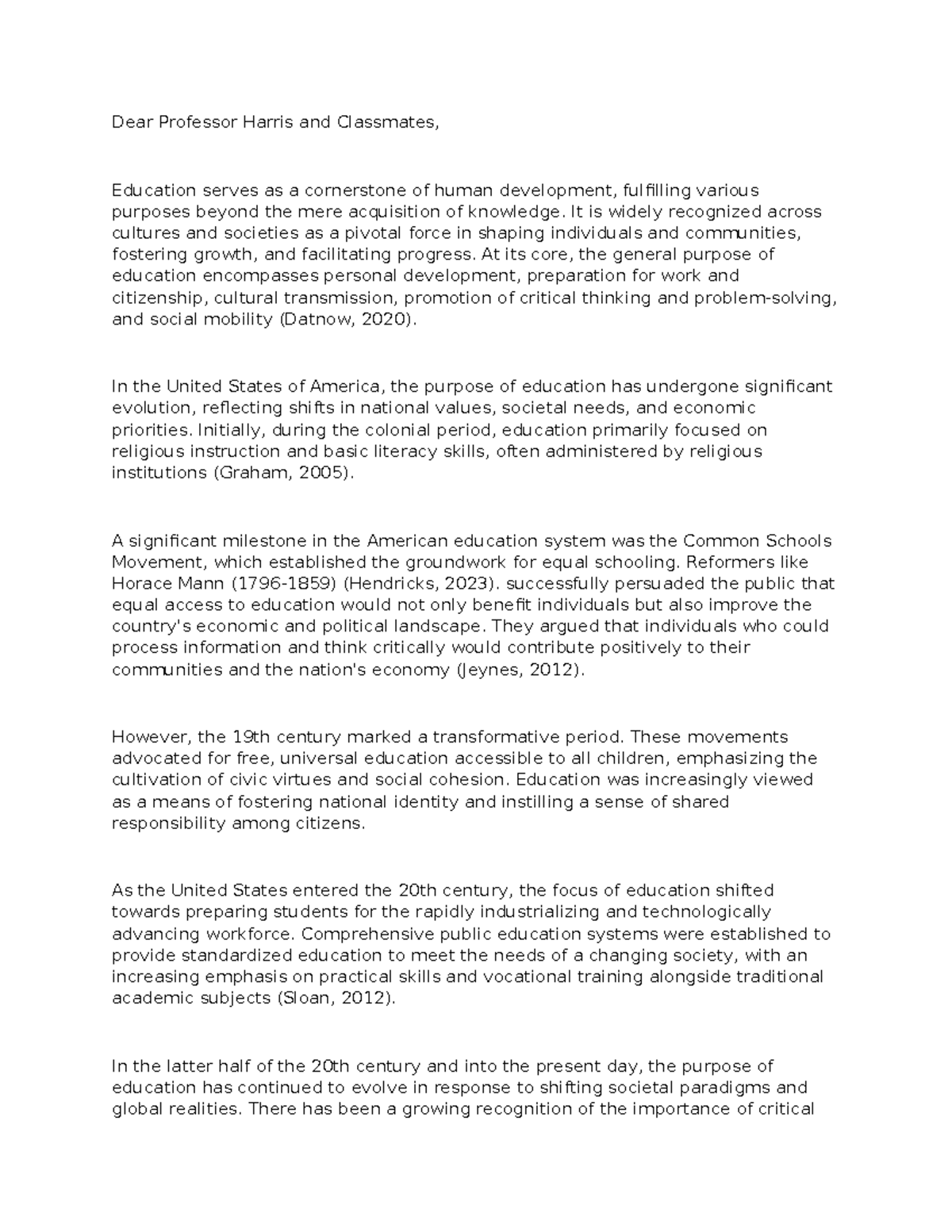 EDUC 5010 w1 DQ - assignment - Dear Professor Harris and Classmates ...