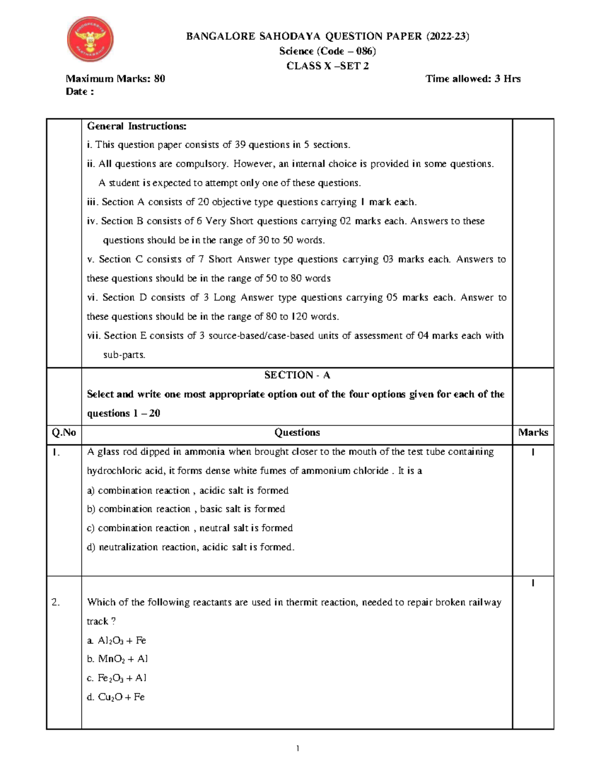 Class X Science SET 2 - Blah - BANGALORE SAHODAYA QUESTION PAPER (2022 ...