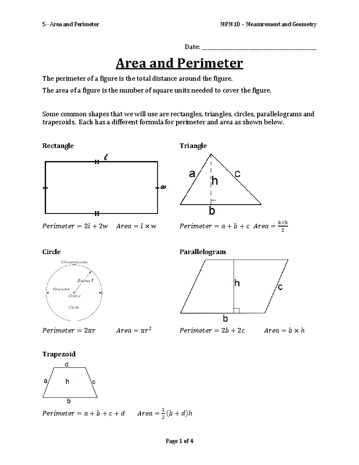 05 - Area and Perimeter - Notes - Date ...