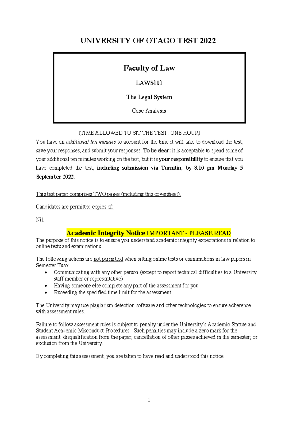 Case Analysis Test 2022 - 1 UNIVERSITY OF OTAGO TEST 2022 Faculty Of ...