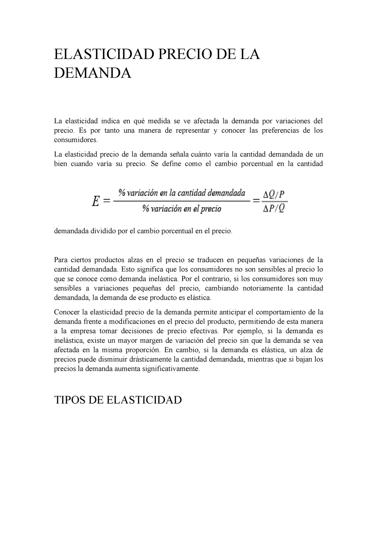 Elasticidad Precio DE LA Demanda - ELASTICIDAD PRECIO DE LA DEMANDA La ...