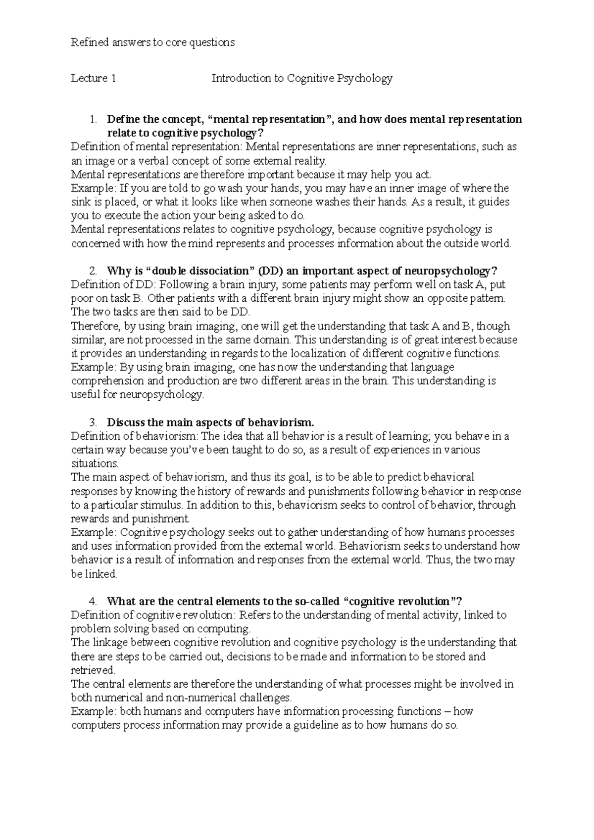 core questions 1300 Lecture 1 Introduction to Cognitive Psychology Define the concept, “mental