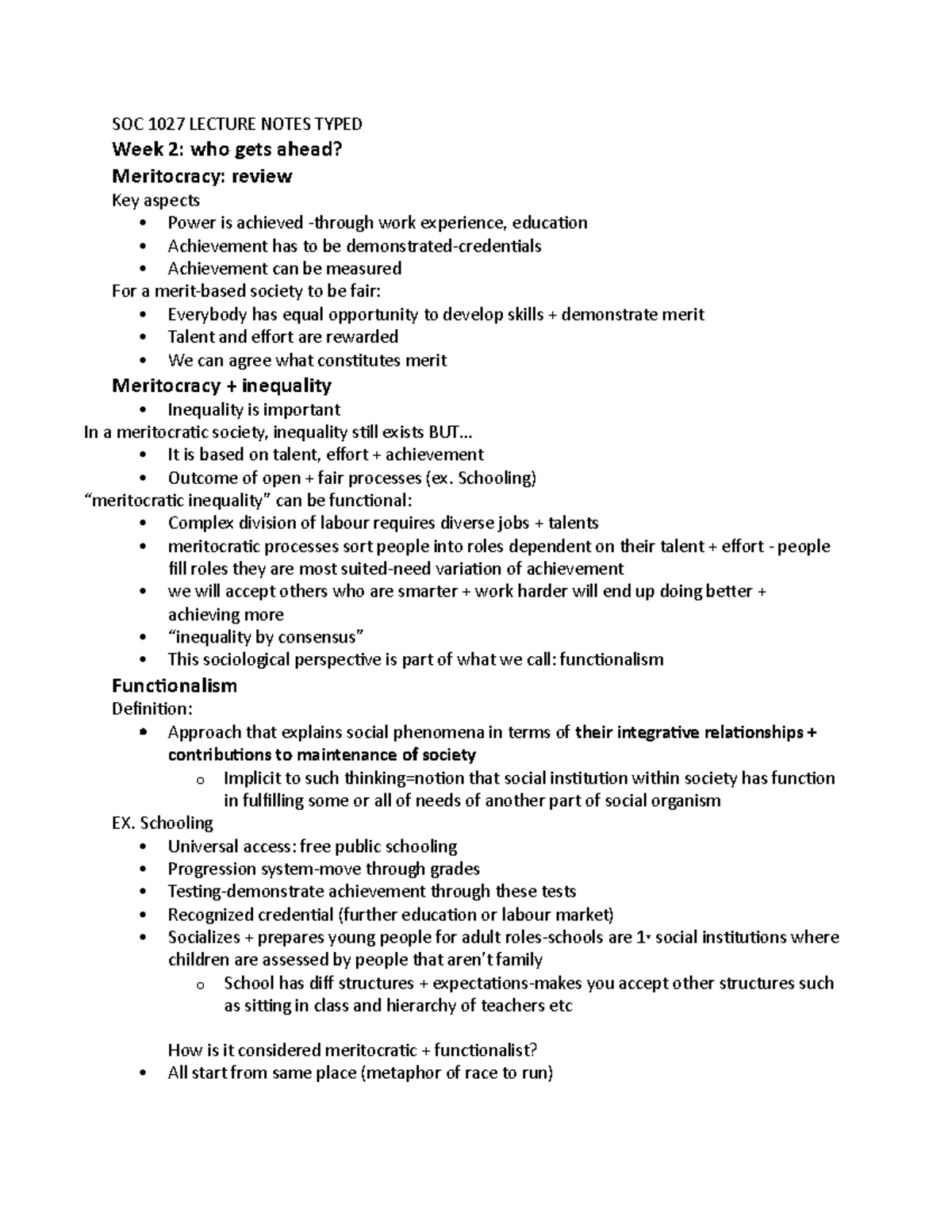 Soc 1020 Week 2-4 - SOC 1027 LECTURE NOTES TYPED Week 2: who gets ahead ...
