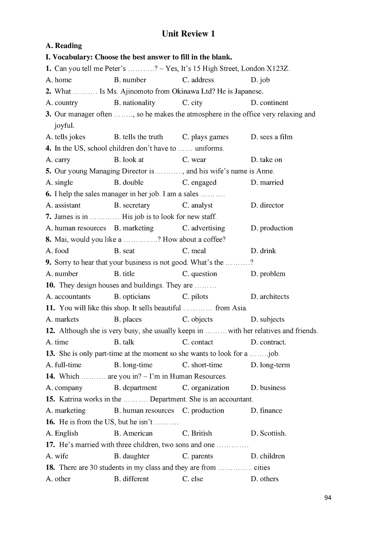 4.1.Supplementary A1-S - Unit Review 1 A. Reading I. Vocabulary: Choose ...