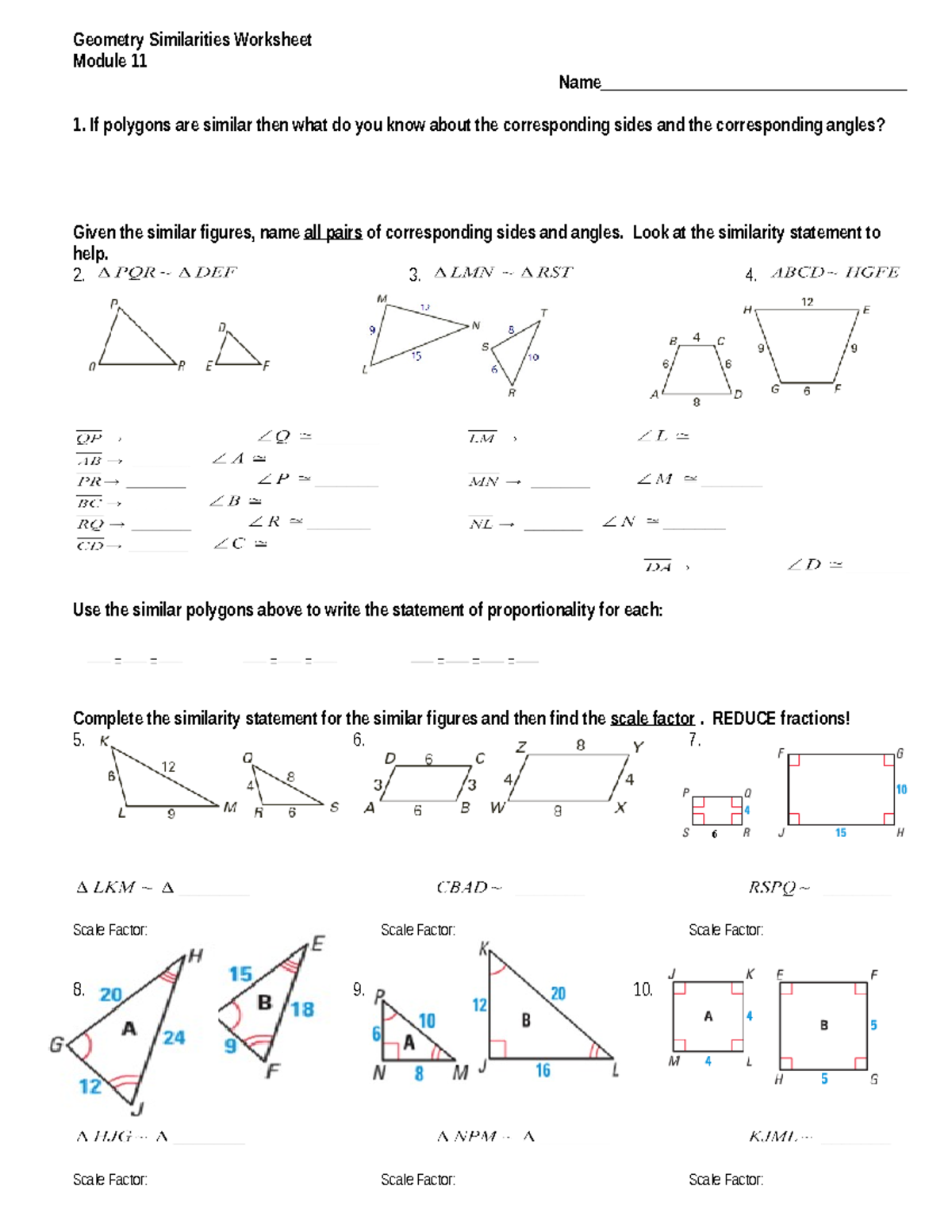 Similarity worksheet - Geometry Similarities Worksheet Module 11 - Studocu