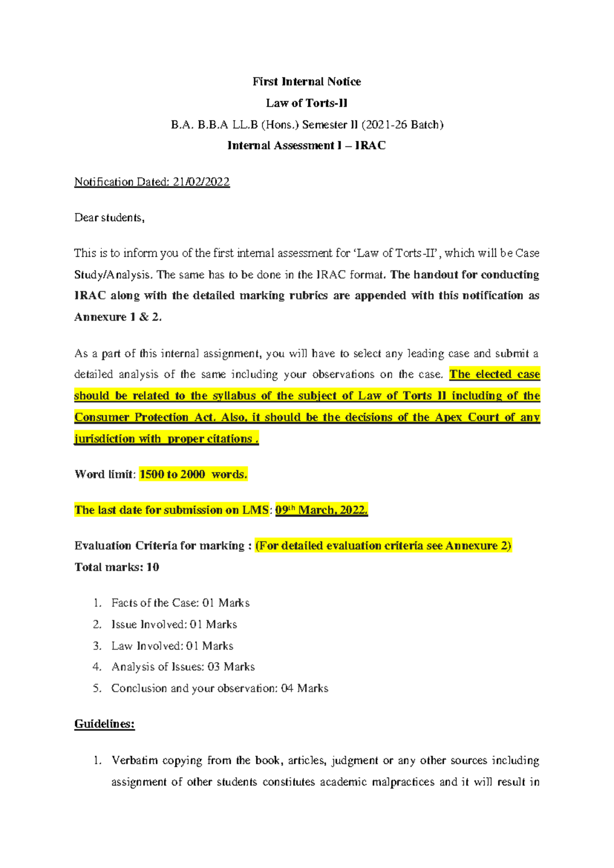 1st Internal Notice- Law of Torts - First Internal Notice Law of Torts ...