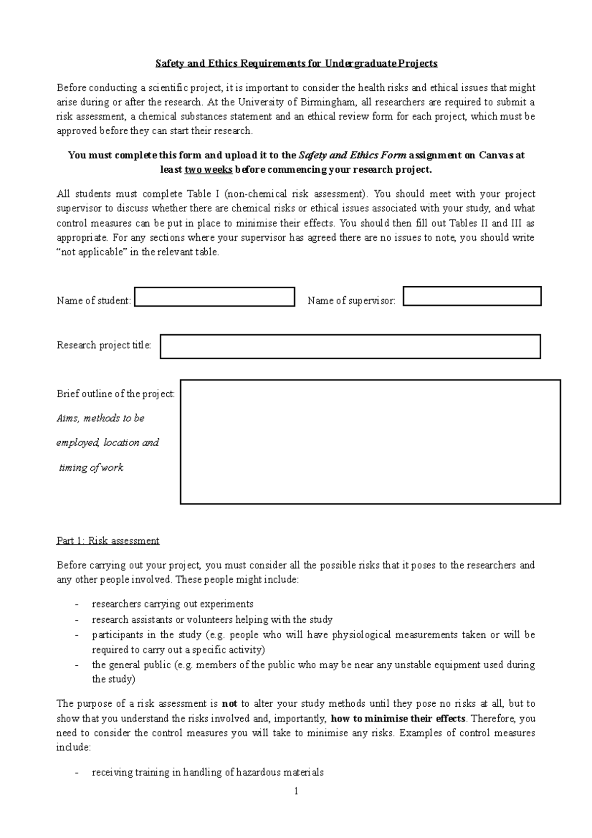 Safety And Ethics Form One Overview Example - 03 08117 - Birmingham 