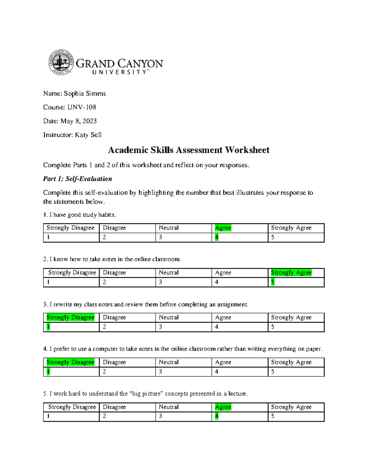 Academic Skills Assessment Worksheet Name Sophia Simms Course UNV