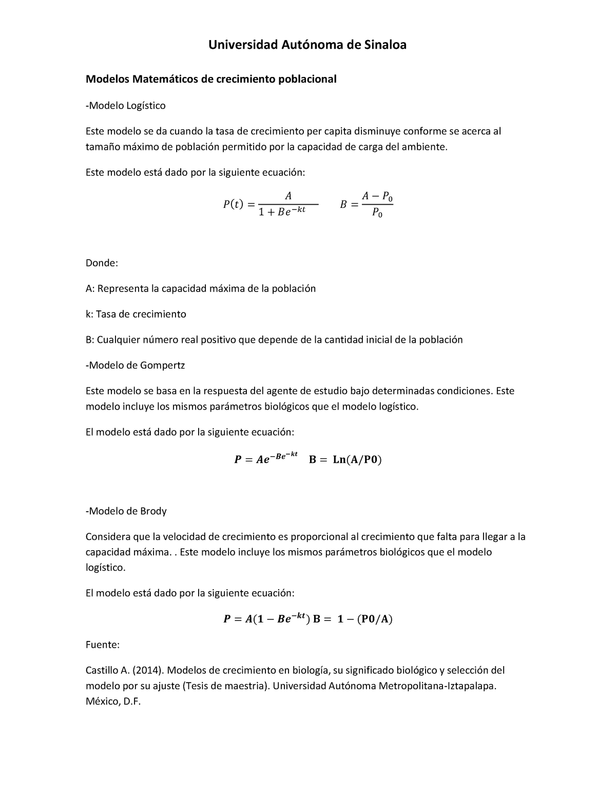 Modelos Matemáticos de crecimiento poblacional - Universidad Autónoma de  Sinaloa Modelos Matemáticos - Studocu