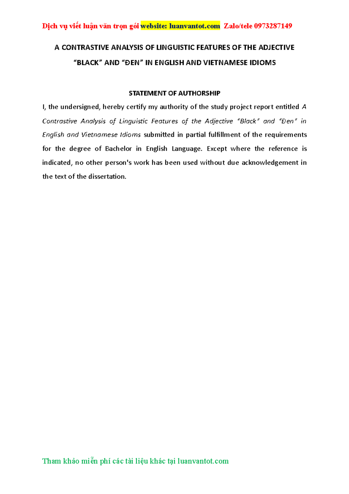 A Contrastive Analysis Of Linguistic Features Of The Adjective Black ...