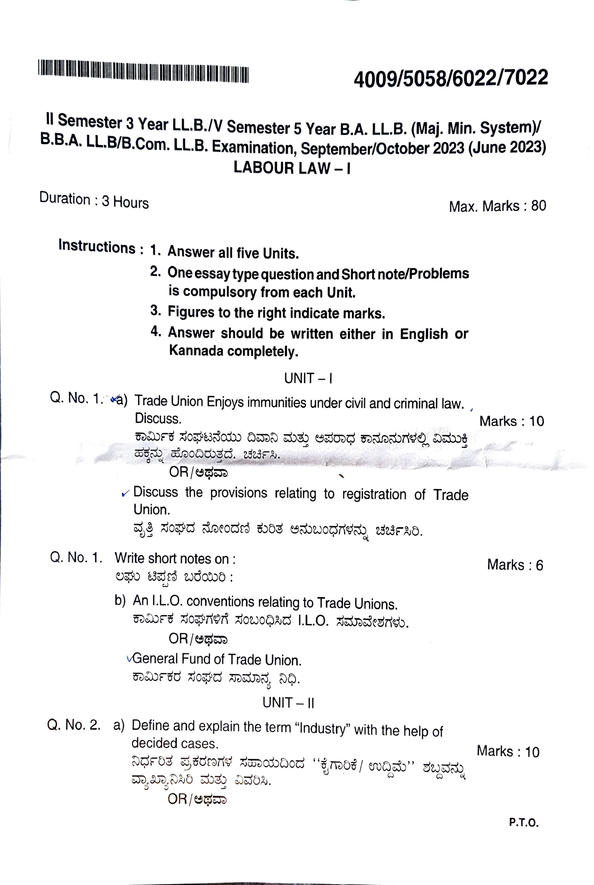 Labour Law Kslu Question Paper Oct Iisemester Year Ll V