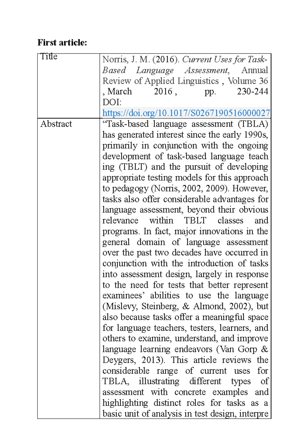 First article - fis - First article: Title Norris, J. M. ( 2016 ...