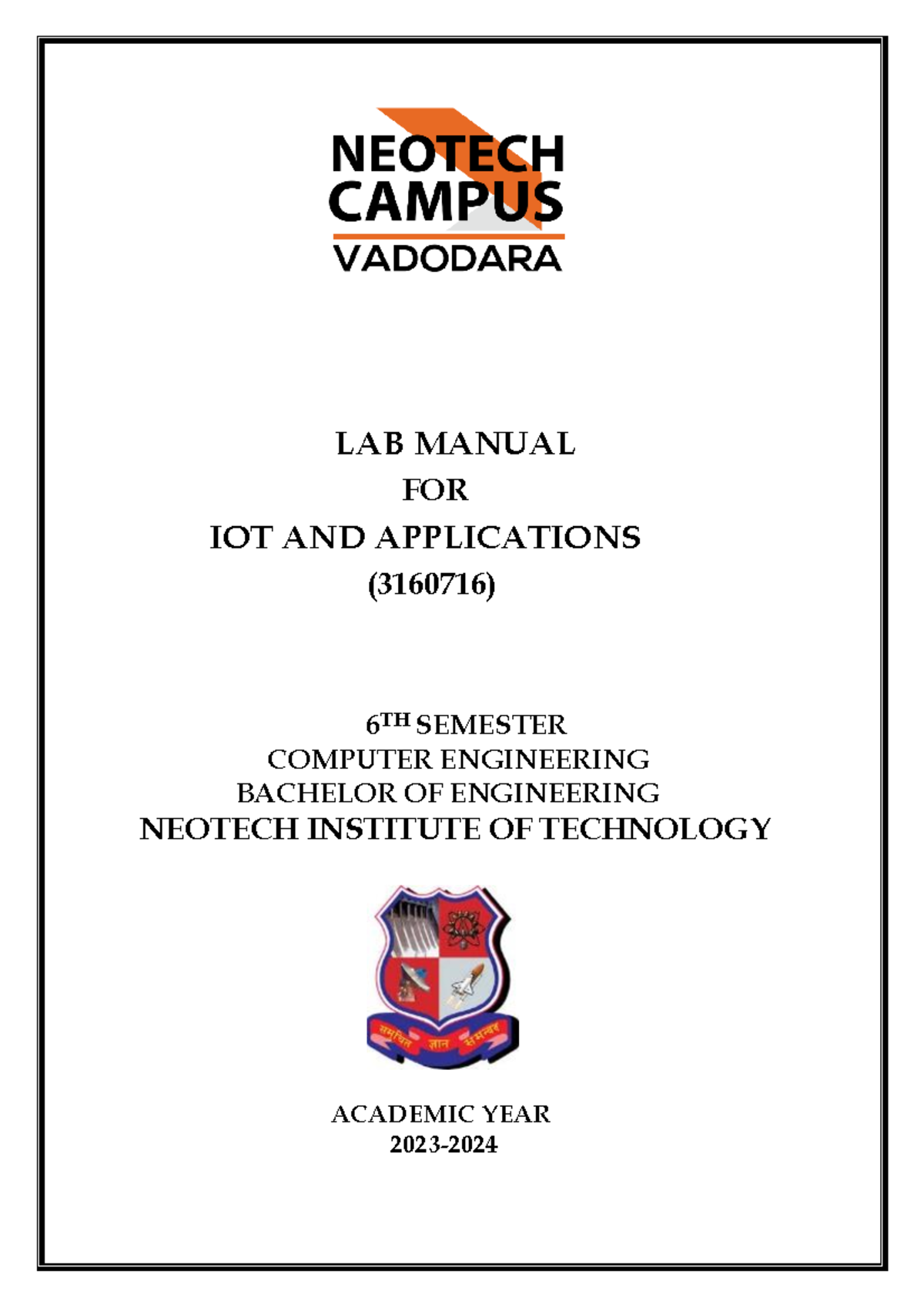 IOT Manual Front Page And Index LAB MANUAL FOR IOT AND APPLICATIONS 3160716 6 TH SEMESTER