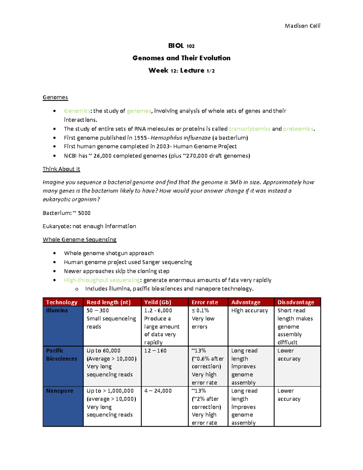 BIOL- Week 12 Lecture notes - BIOL 102 Genomes and Their Evolution Week ...