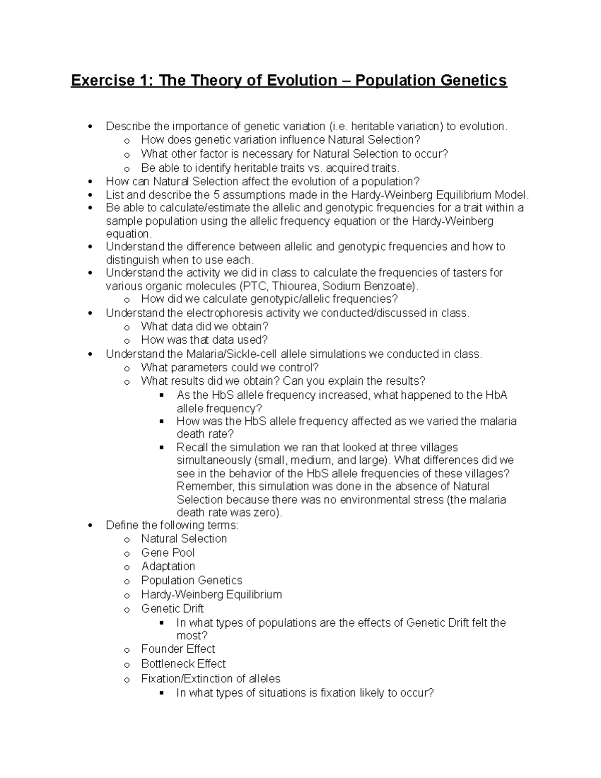 Review for Practical Exam - Exercise 1: The Theory of Evolution ...