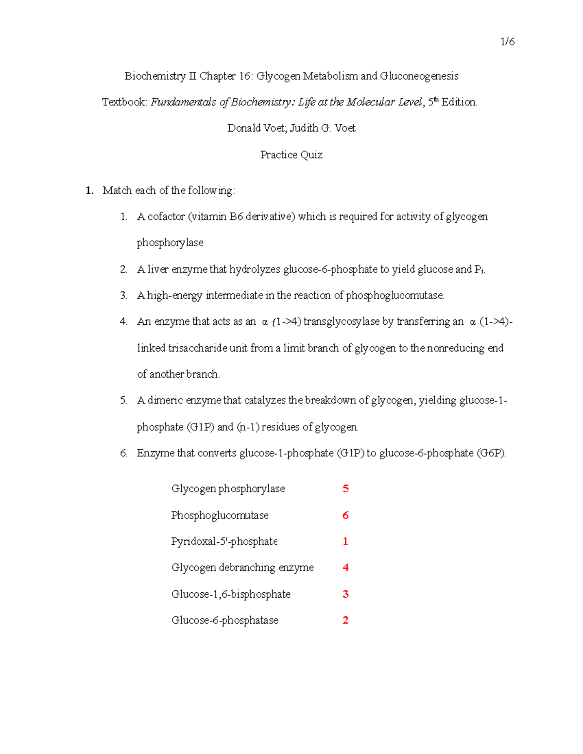 Chapter 16 Glycogen Metabolism and Gluconeogenesis Practice Quiz Biochemistry II Chapter 16