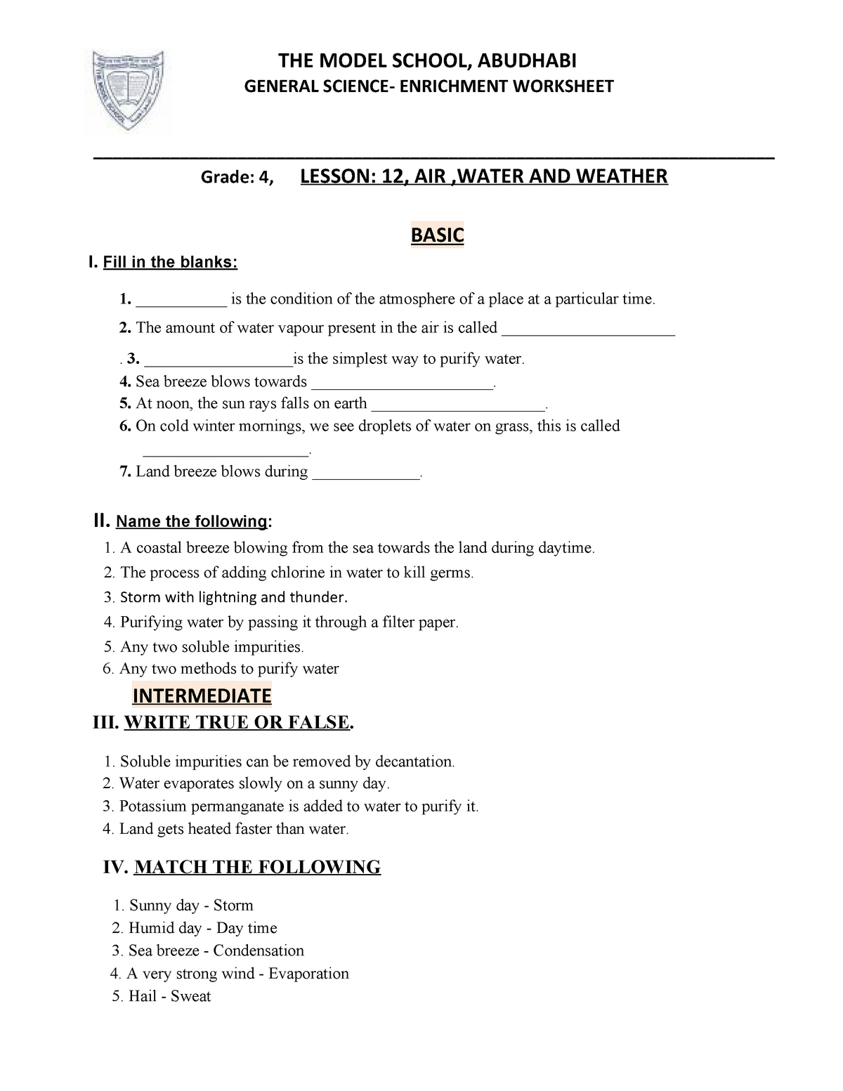 grade 4 wkst air water weather the model school abudhabi general science enrichment worksheet studocu