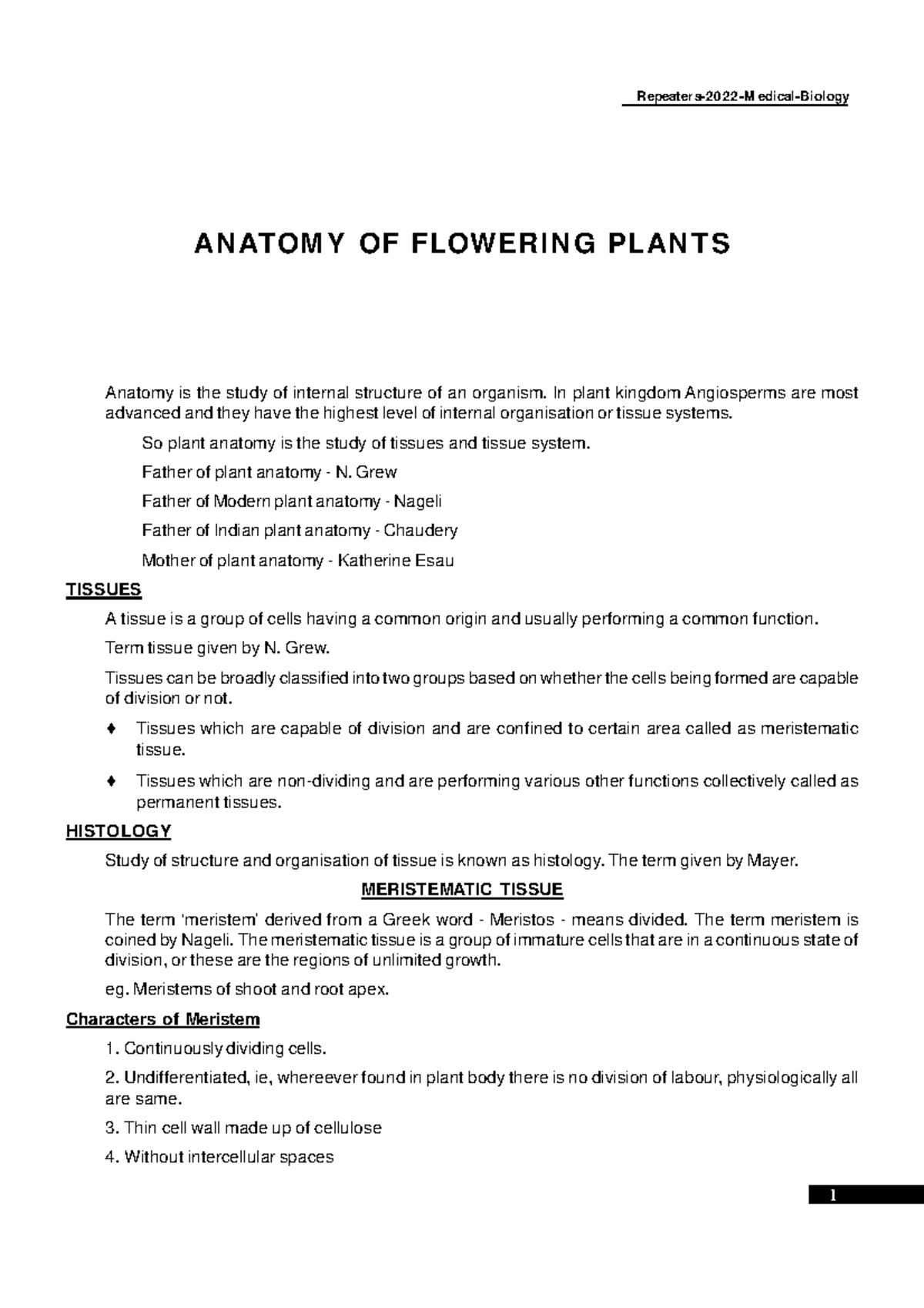 Anaomy of flowering plants Repeaters2022M edicalBiology Anatomy is