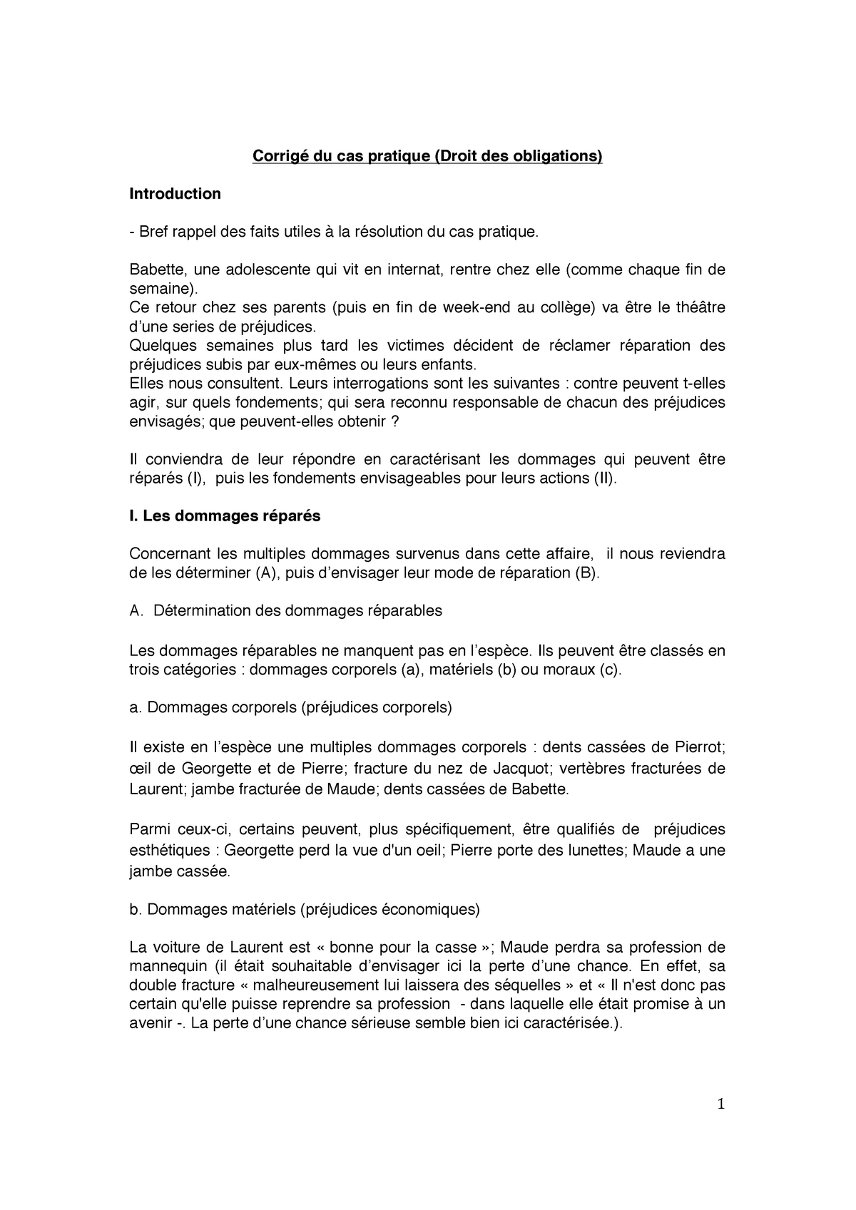 Corrigé Cas Pratique - Corrigé Du Cas Pratique (Droit Des Obligations ...