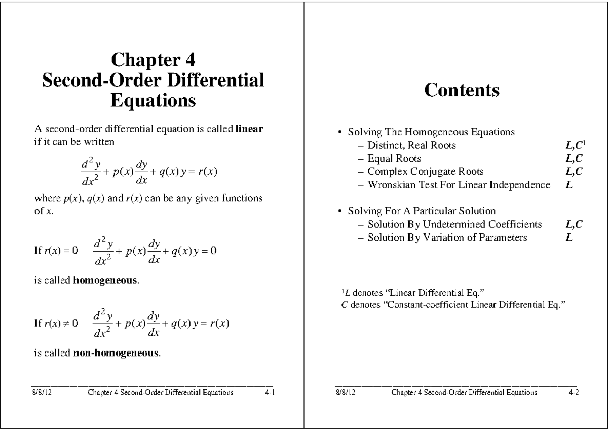 Second Order Diff Equations - 8/8/ Chapter 4 Second-Order Differential ...
