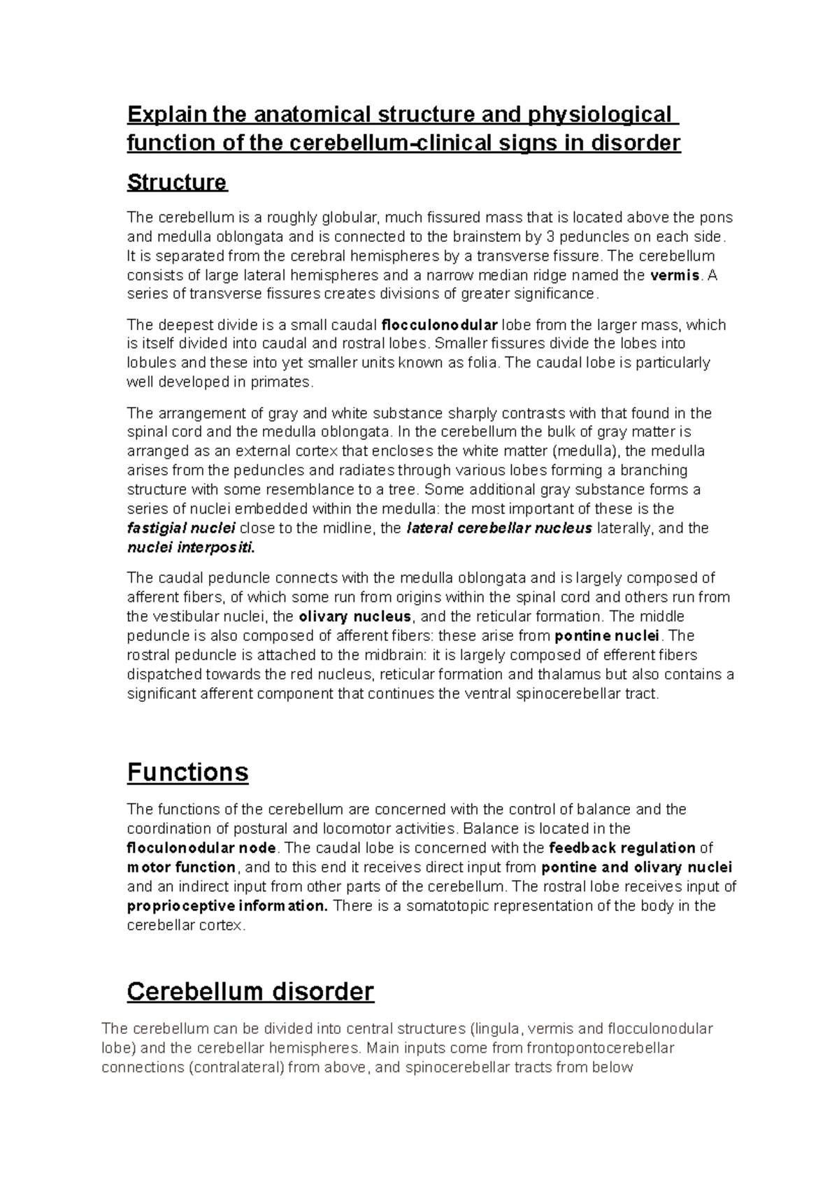 Cerebellum structure and function - Explain the anatomical structure ...