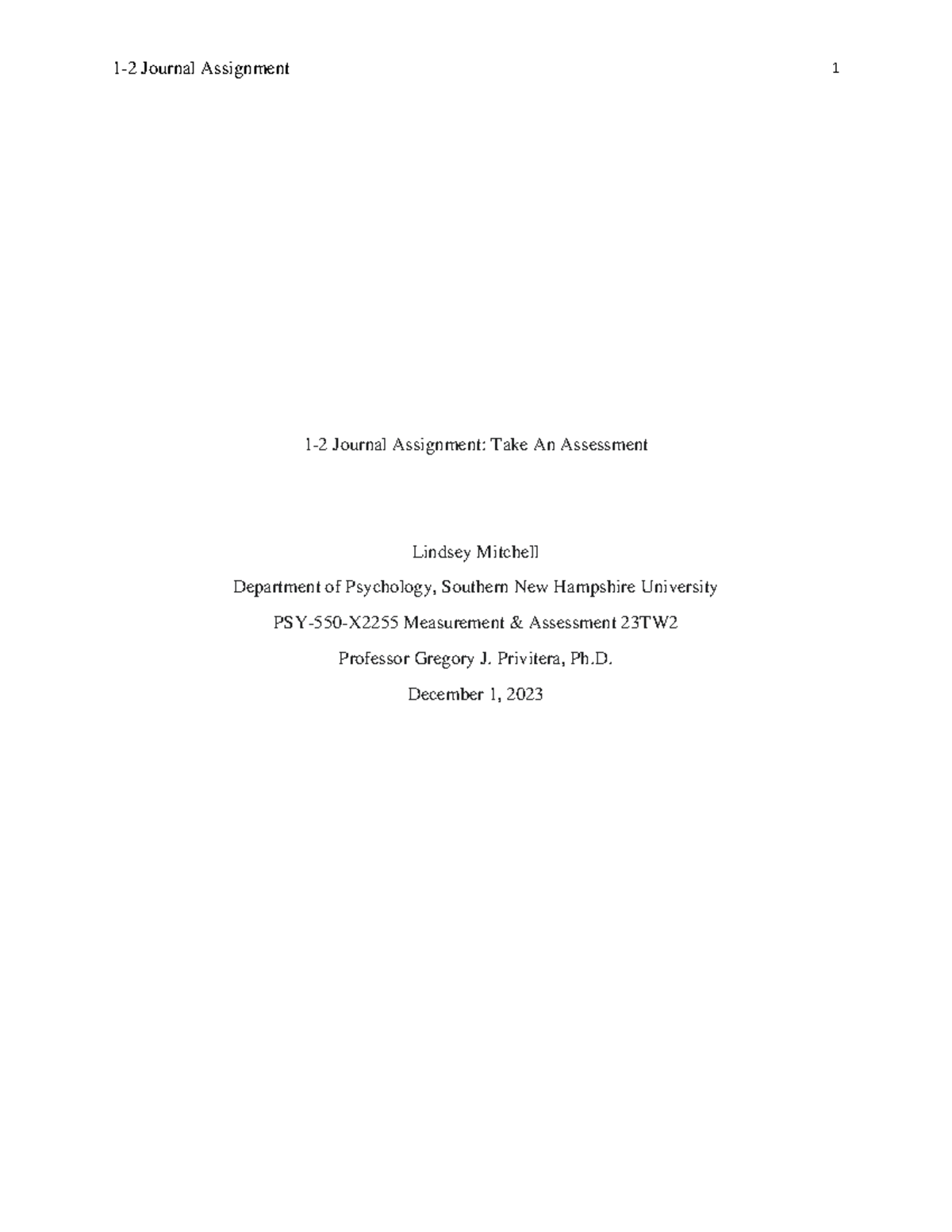 1-2 Journal Assignment Take An Assessment - 1 - 2 Journal Assignment ...