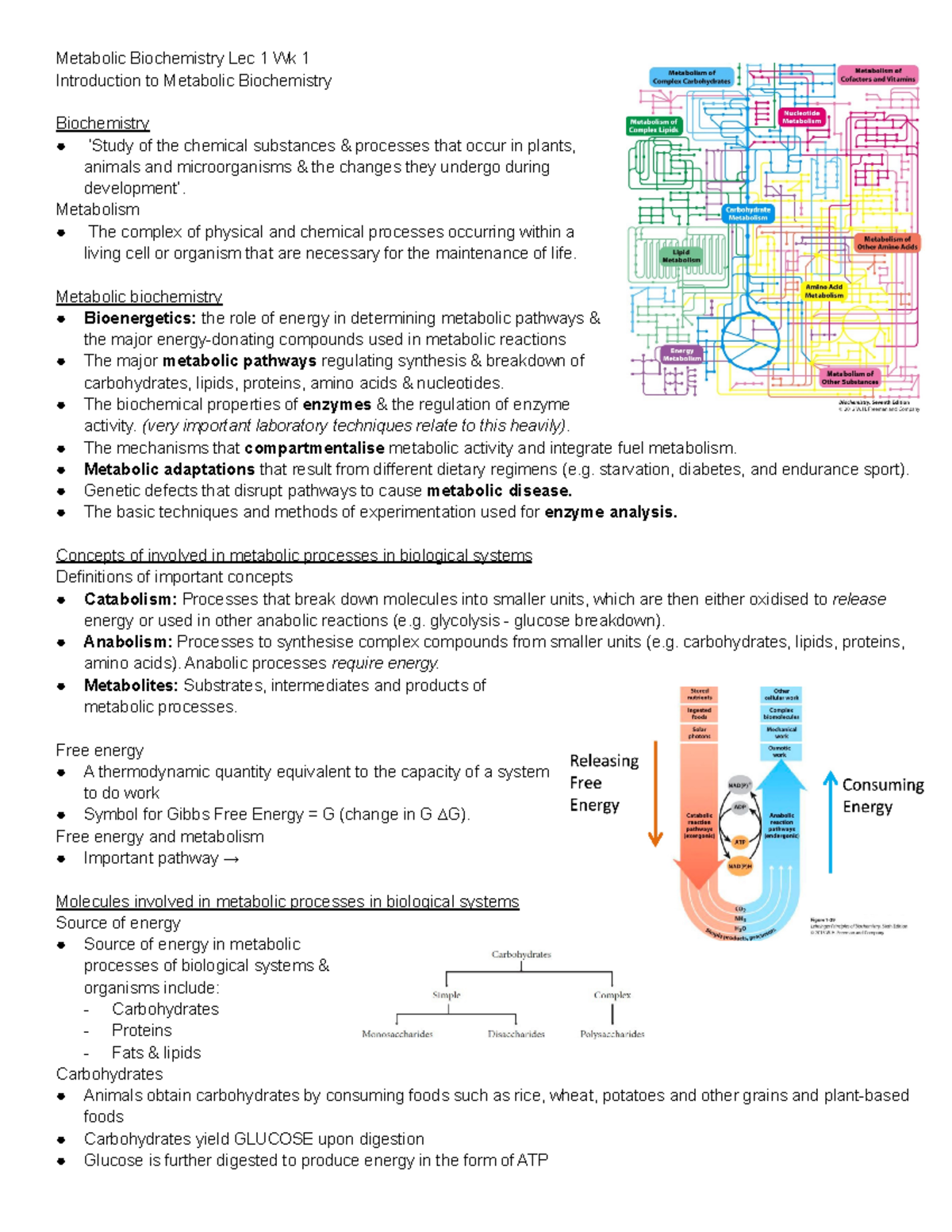 Met Bio Lec 1 Wk 1 - Lecture notes from the first week of metabolic ...