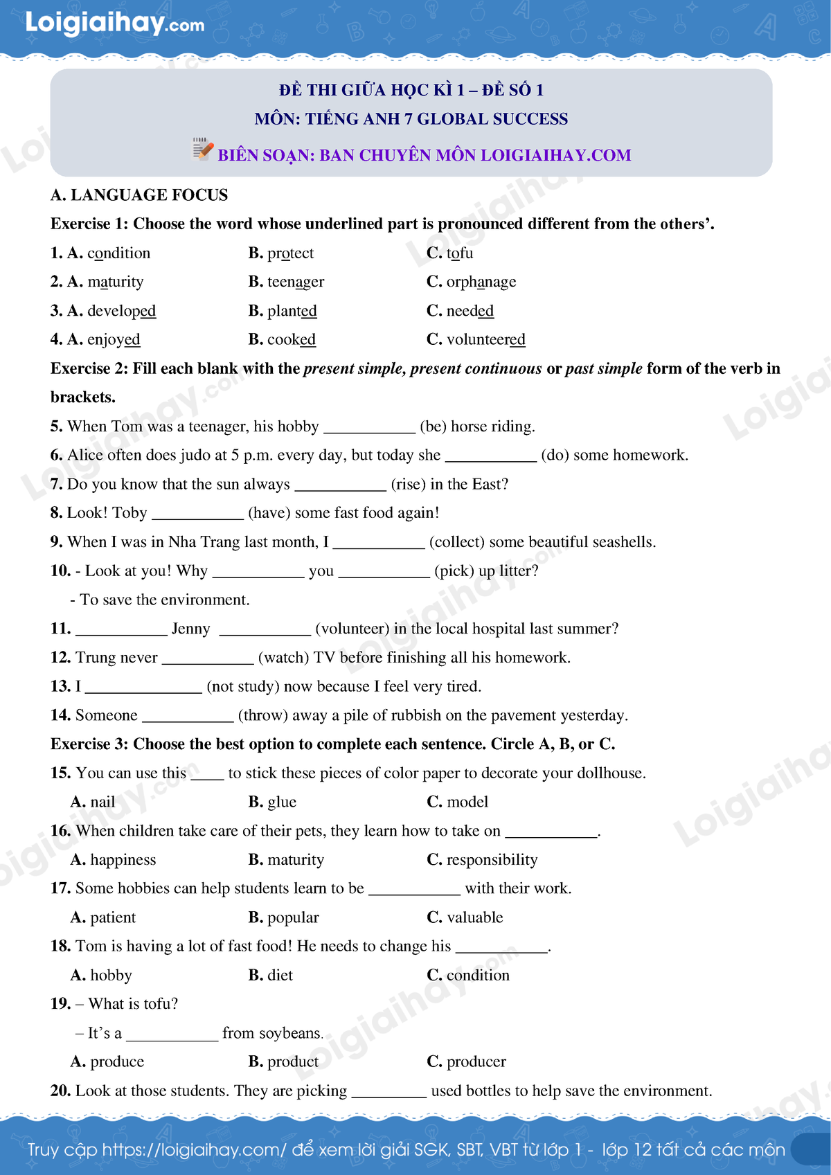 De Anh 10 - English - A. LANGUAGE FOCUS Exercise 1: Choose The Word ...