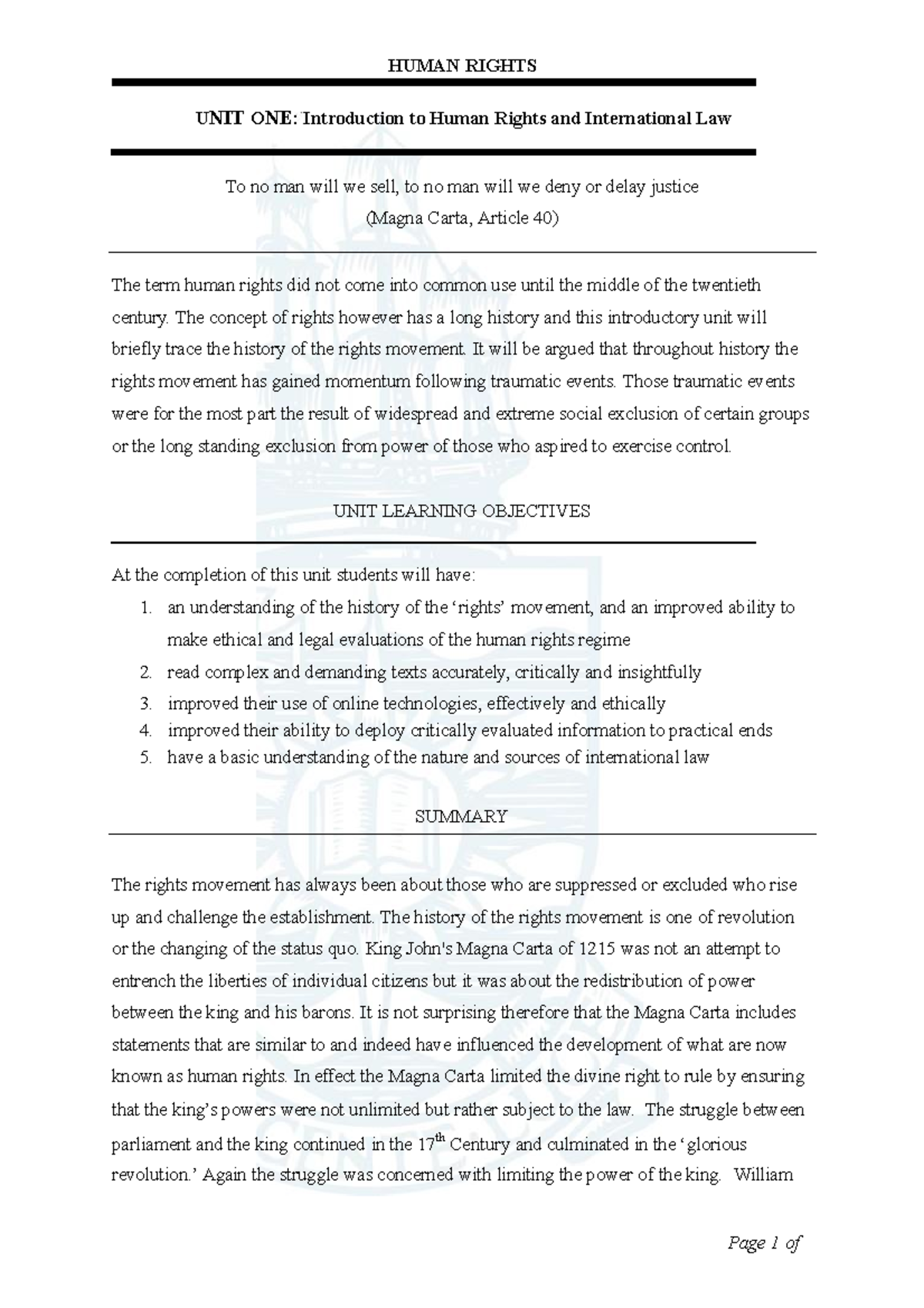 Week 1 Lecture Material - UNIT ONE: Introduction to Human Rights and ...