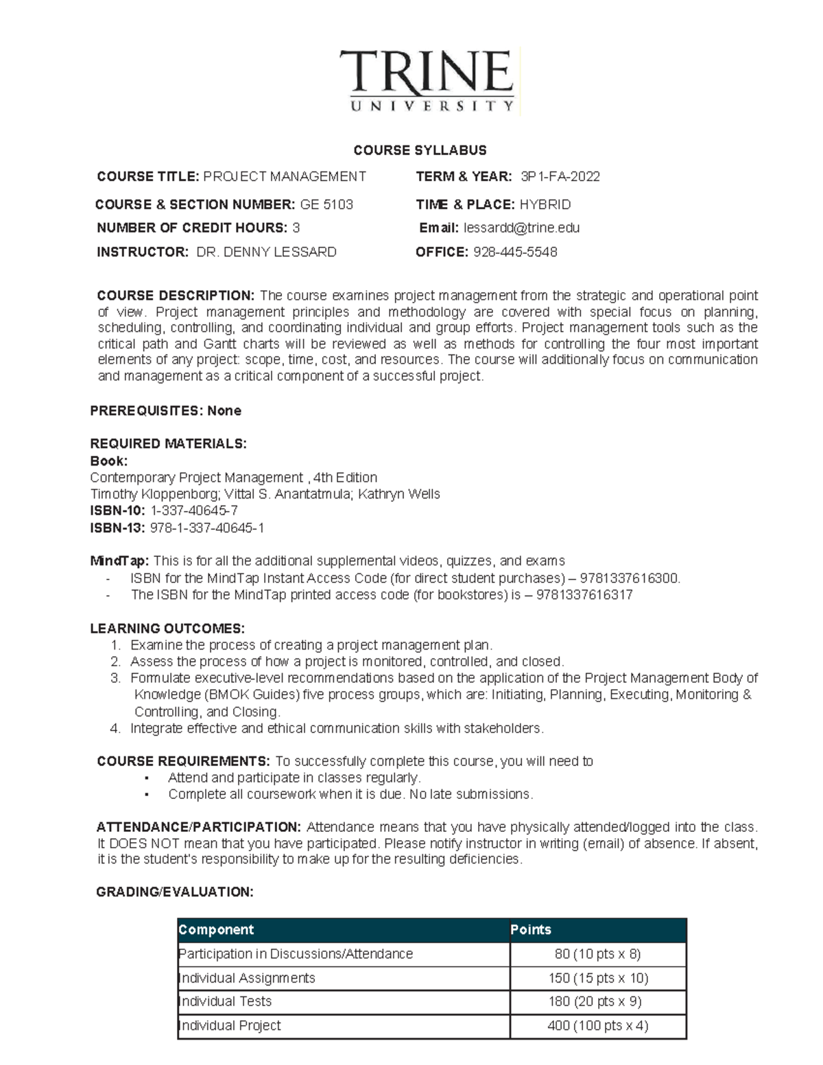 GE 5103 Project Management-2 - COURSE SYLLABUS COURSE TITLE: PROJECT ...