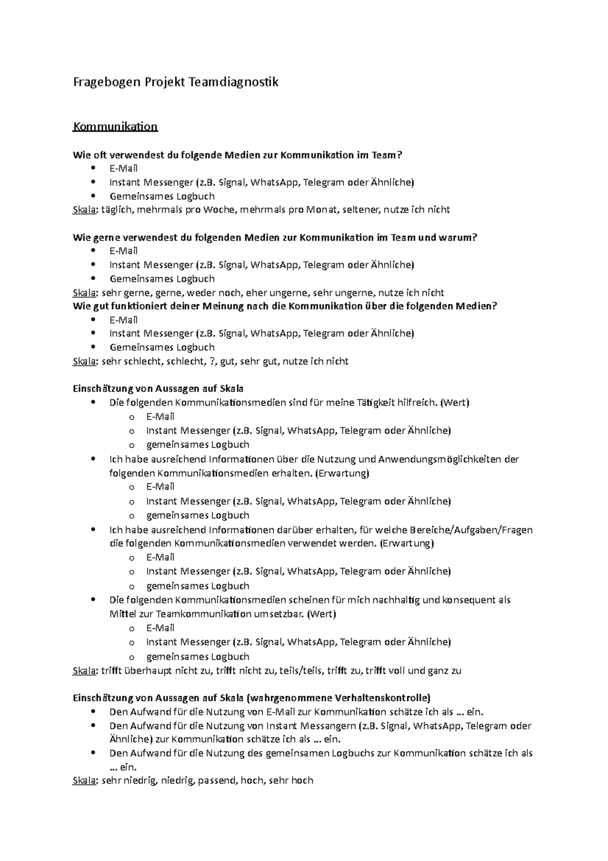 Fragebogen Kommunikation + Plenum (Projekt Teamdiagnostik) Fragebogen