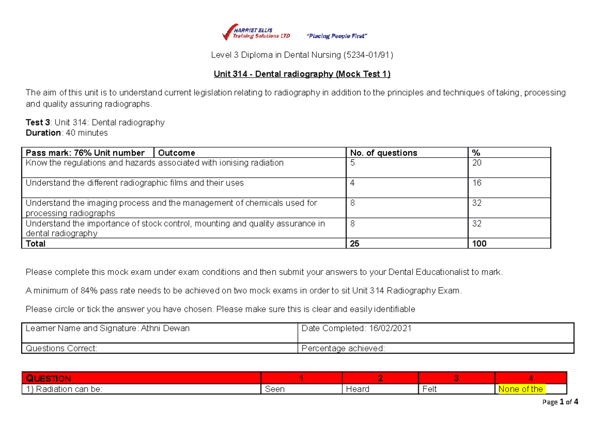 Mock 1 paper for 2021 Unit 314 Dental radiography (Mock Test 1) The
