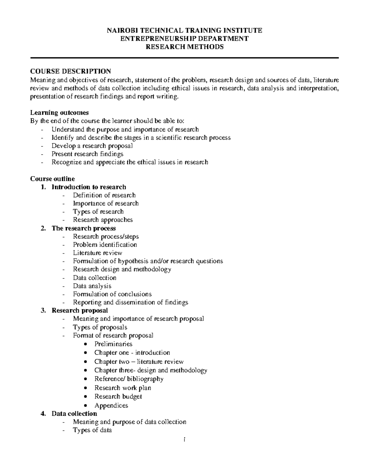 Research Methods Notes DED - i NAIROBI TECHNICAL TRAINING INSTITUTE ...