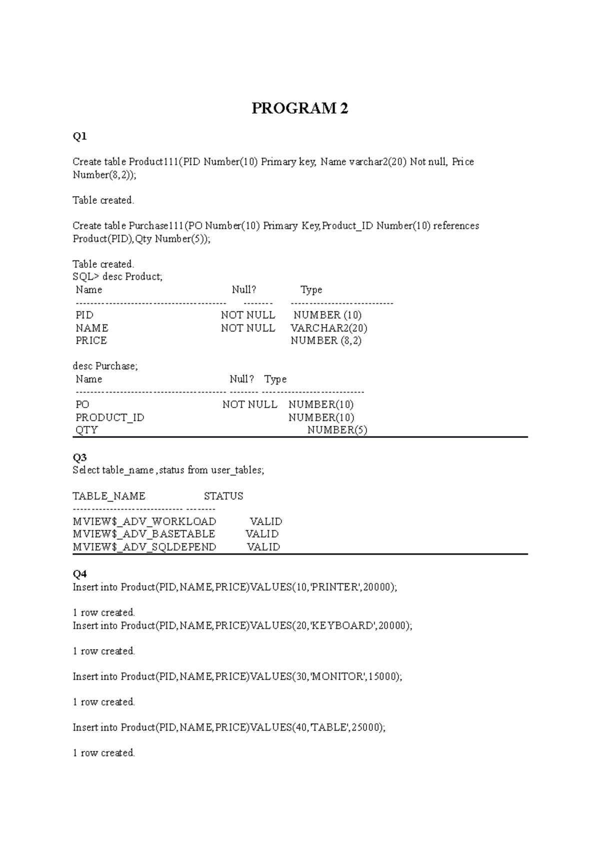 DBMS LAB notes PROGRAM 2 Q Create table Product111(PID Number(10