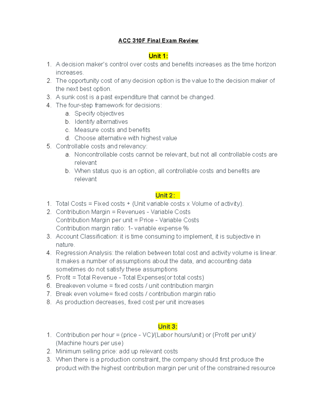ACC 310 F Final Exam Review ACC 310F Final Exam Review Unit 1 A