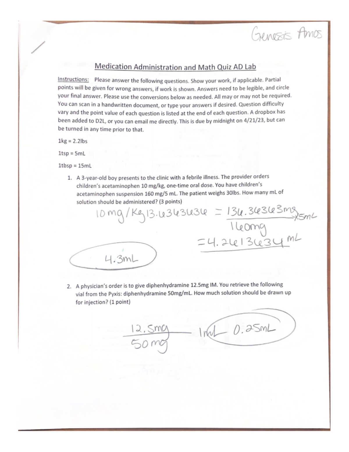 Medication Administration and Math Quiz AD Lab - NURS 2934 - PTCC - Studocu